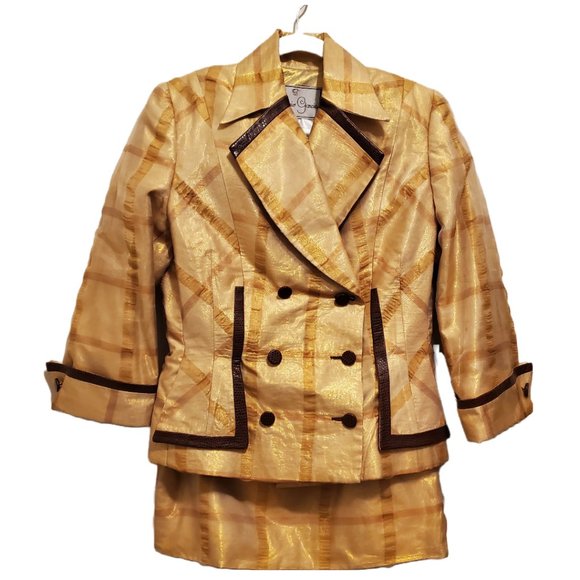 Antonio Garcia Couture Gold Skirt Set with Brown Faux Ostrich Skin Trim Size 4 - Picture 1 of 12